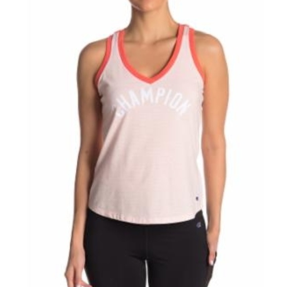 Champion Heritage Stripe Graphic Logo Tank Top V-Neck Pink Size XL NEW - Picture 1 of 5